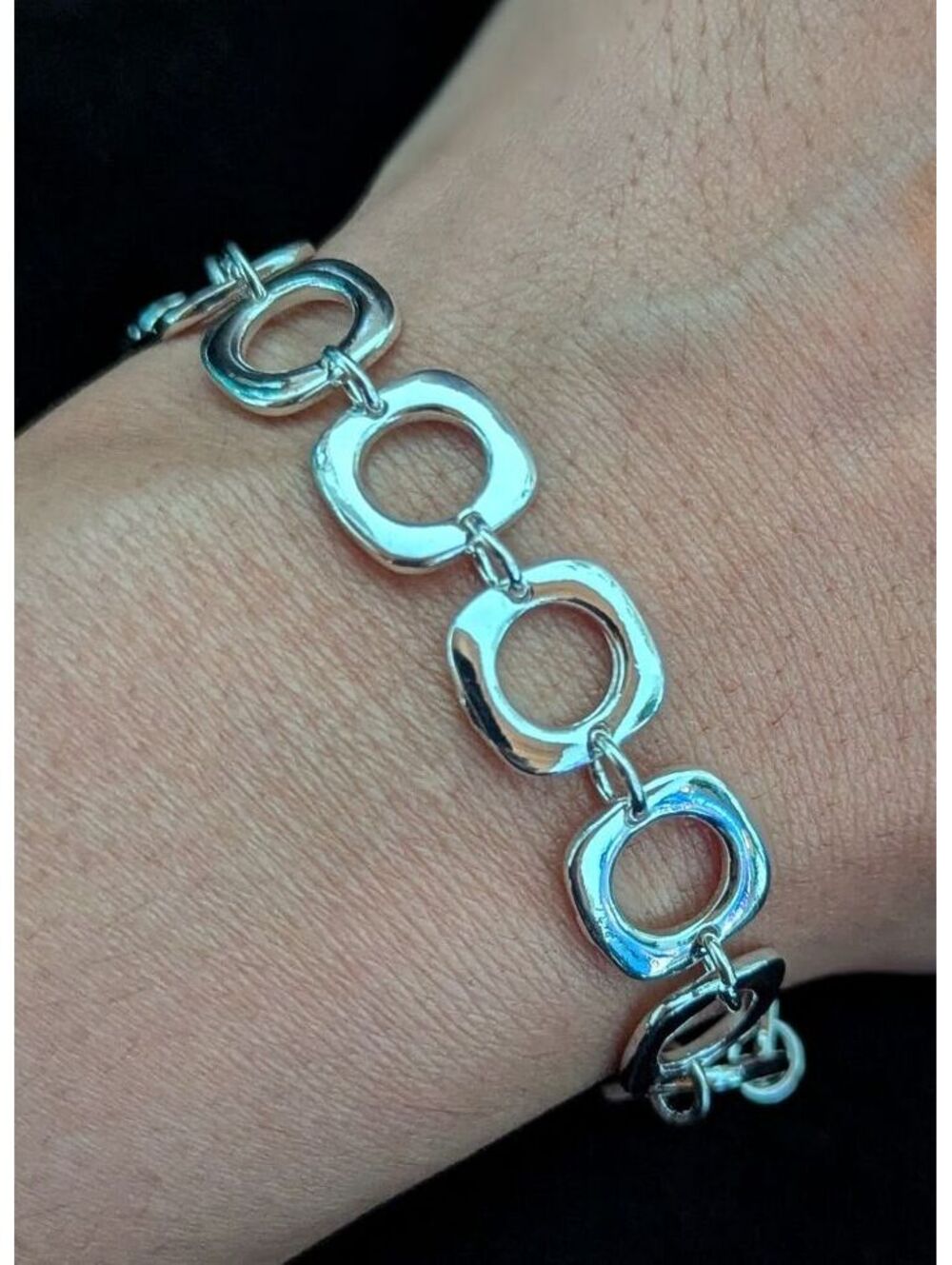 925 Sterling Silver Plated Square Link Bracelet Toggle Clasp Adjustable